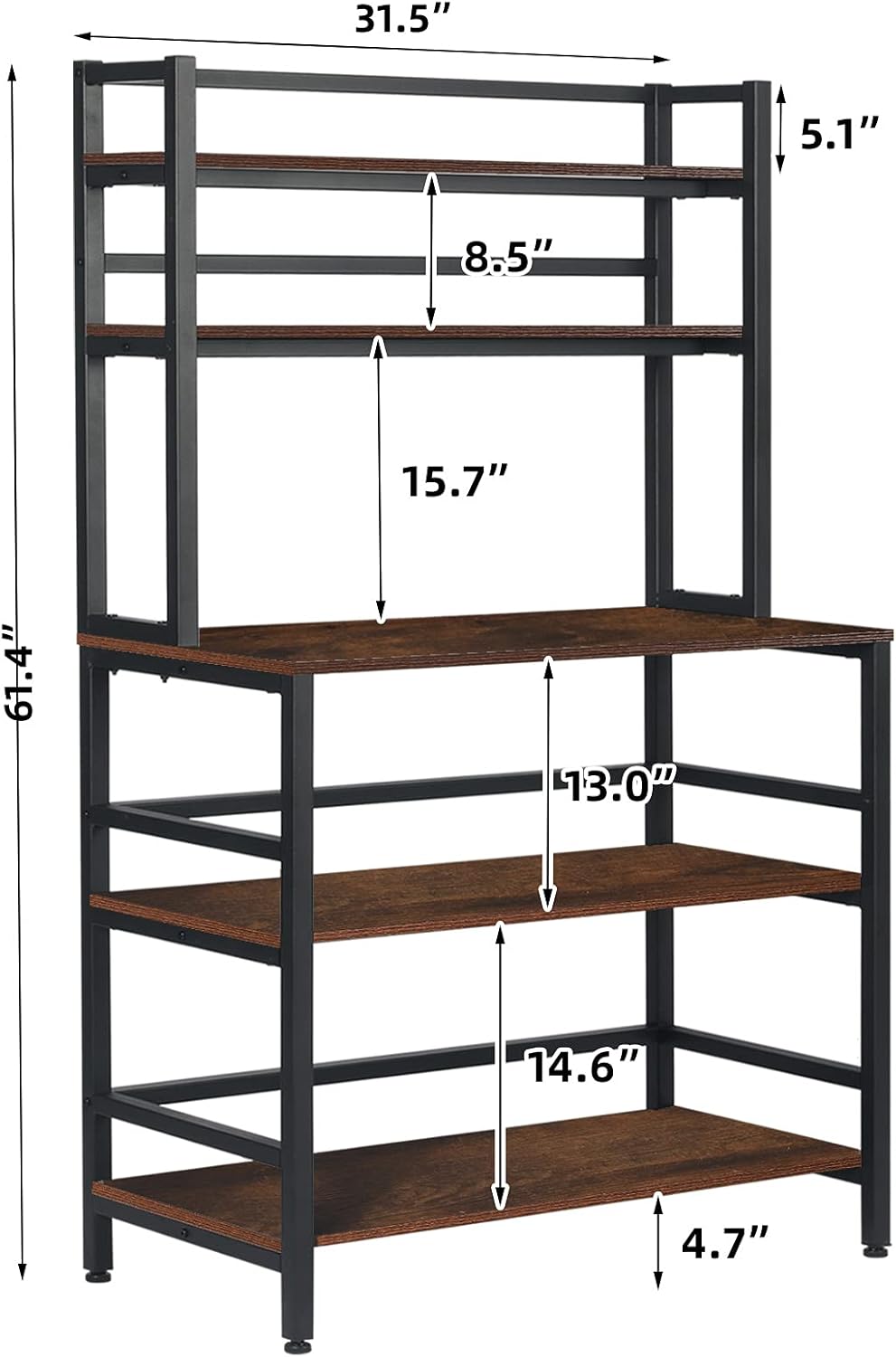 5-Tier Standing Bakers Rack, Kitchen Stand with Shelves, Microwave Oven Stand with Hutch, Industrial Kitchen Cart Utility Storage Shelf Organizer (Rustic Brown), 31.5 x 15.75 x 61.55, ZWJ001