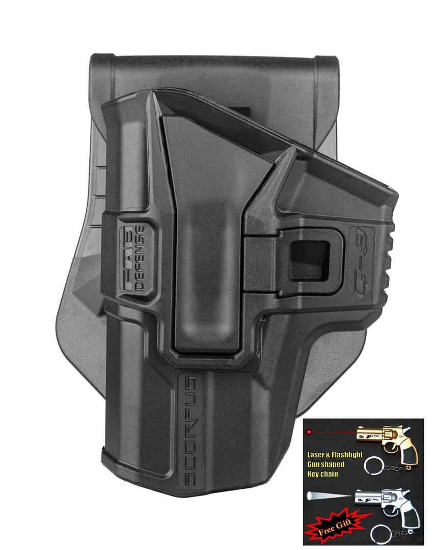 FAB Defense G-9S Swivel L1 LH SCORPUS Pistol Holster Glock 17,18,19,22,23,25,31,32, 9mm Level 1 Paddle&Belt In Black / Tan / Green Color Left Hand + Laser & Flashlight Gun Shaped Key Chain (Black)