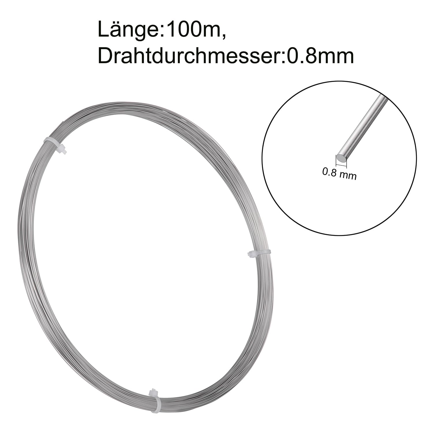 Fil d'acier à ressort 100 m - Fil en acier inoxydable 304 - Diamètre 0,8 mm - Fil à ressort en acier inoxydable argenté - Fil dur, fil droit, pour bricolage, bricolage, câblage de jardin