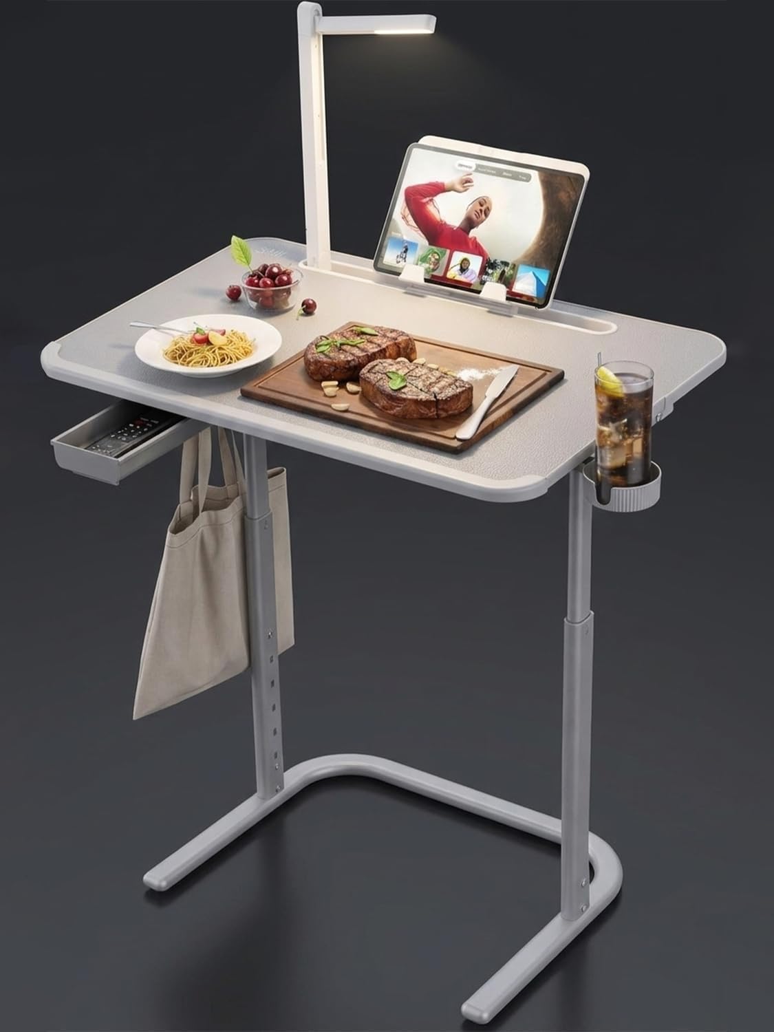 HOMERK SAIJI TV Tray Table Heavy Duty Extra Large with LED Lamp, Height & Tilt Adjustable Table Mate, Bedside Laptop Desk for Work, Study & Dining, Grey Leather Top for Adults & Kids-image-24