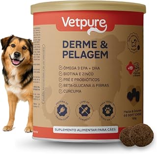 VetPure Derme e Pelagem, Suplemento Alimentar para Cães, Ômega 3 EPA + DHA, Biotina e Zinco, Pré e Probióticos, Beta-Glucana e Fibras, Cúrcuma, 60