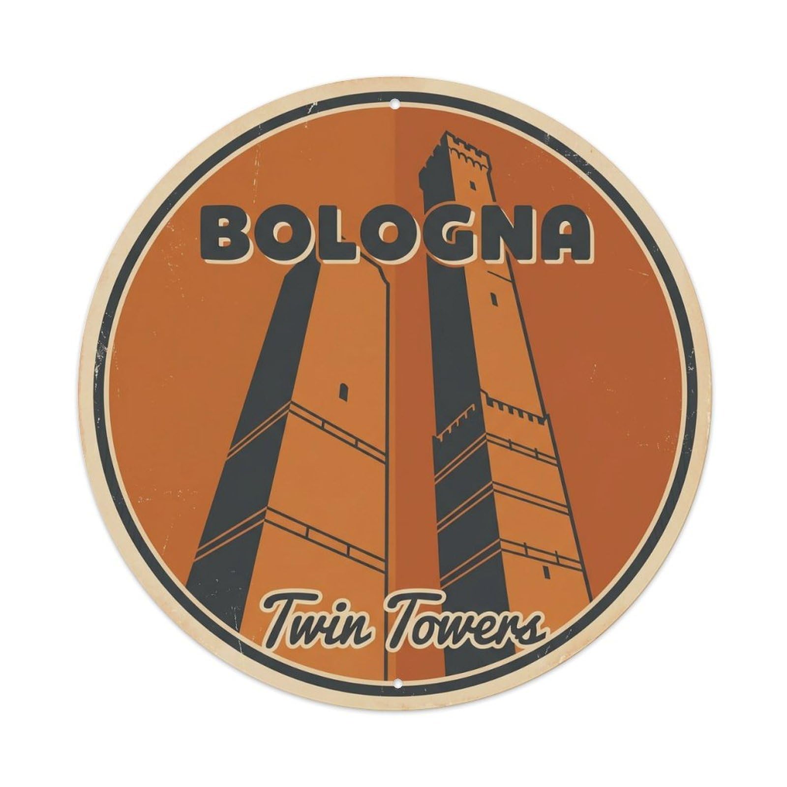 Vintage Travel Bologna Towers Italy Metal Tin Sign Plaque Wall Decor for Cafe, Club, Garden Round Metal Poster 8x8Inch
