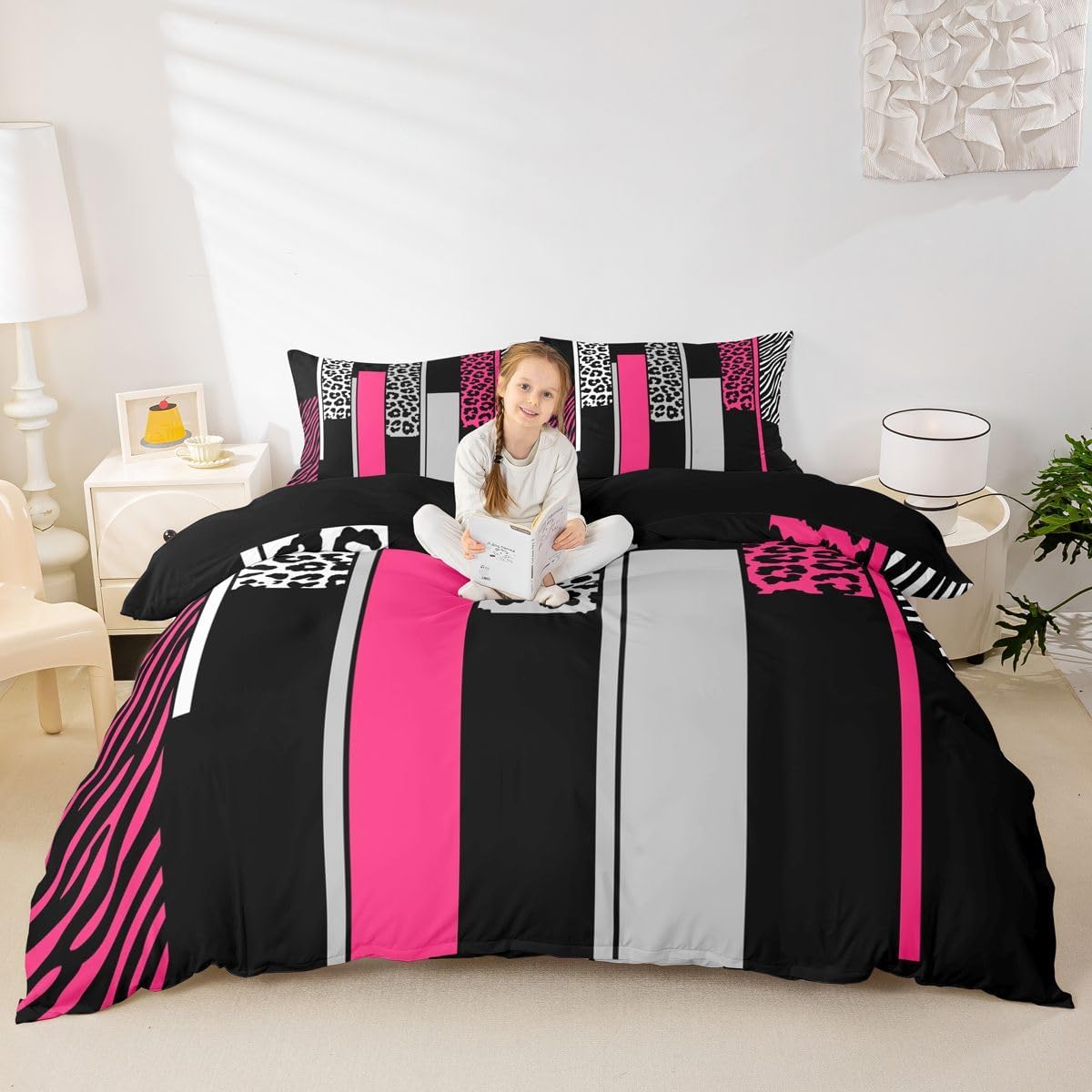 Feelyou Ombre Pink Grey Bedding Duvet Cover Set Queen Size Leopard Bedding Set for Kids Boys Girls Decor Animal Print Comforter Cover Set Safari Zebra Print Bedspread Cover Bedroom Bedclothes