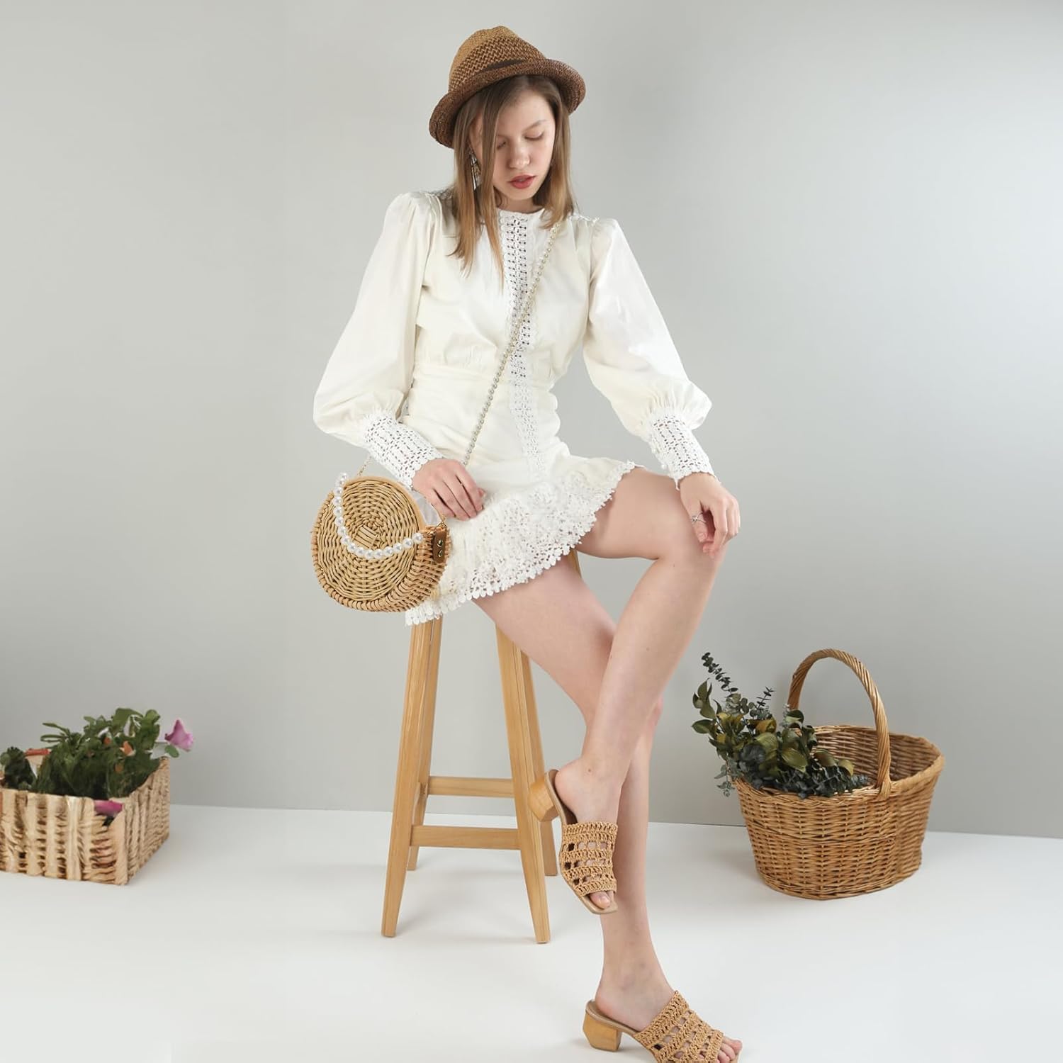 Round Rattan Bag, 8" Hand-woven Wicker Basket Purse, Boho Crossbody Handbag With Pearl Strap Handle, Retro Summer Beach Straw Tote Clutch for Women - Image 8