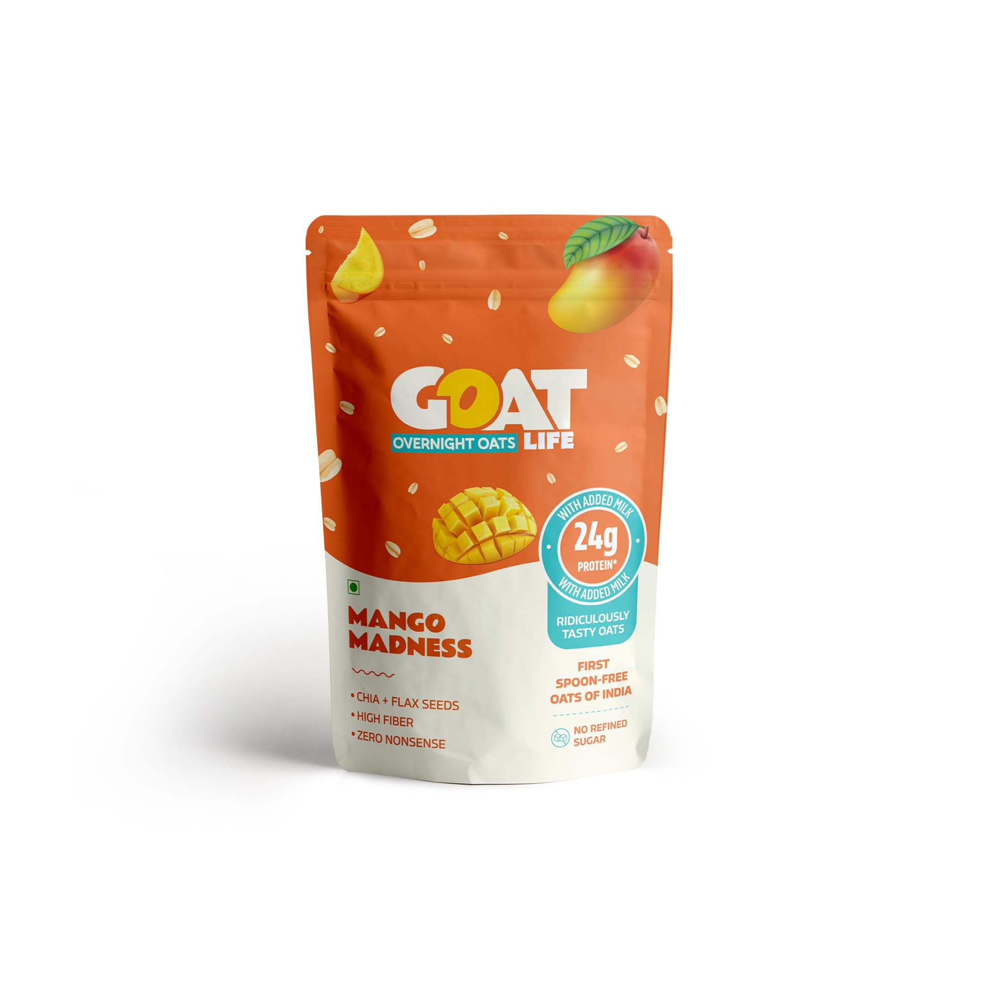 GOAT Life Overnight Oats (75g) | 24g Protein | High Fibre | Nutrient-Rich | No Sugar | Gluten-Free & Vegan | Supports Weight Management & Muscle Recovery | Instant Breakfast (Pack of 1, Mango Madness)