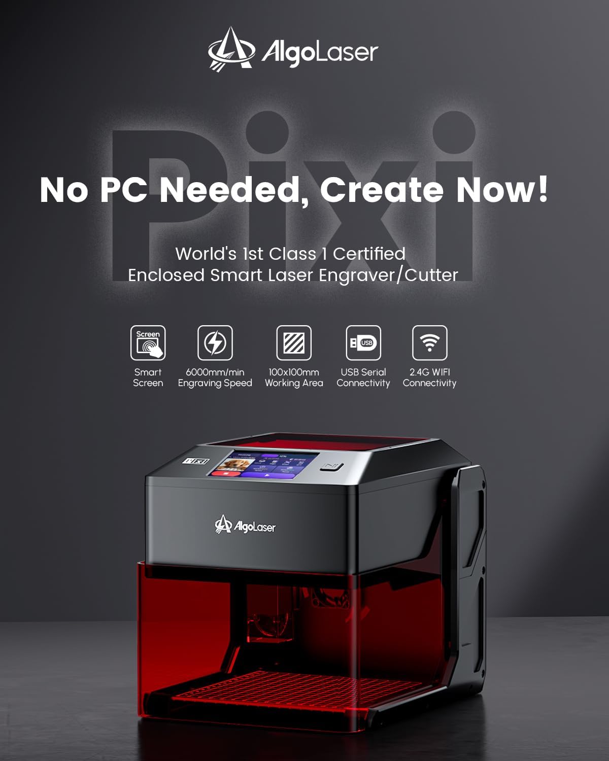 AlgoLaser Pixi Smart Laser Engraver - 10W Portable Laser Engraver Machine with 3.5" Touchscreen & AlgoOS System & APP - Laser Engraving for Wood, Acrylic, Glass, Beginner & DIY Gift & Small Business