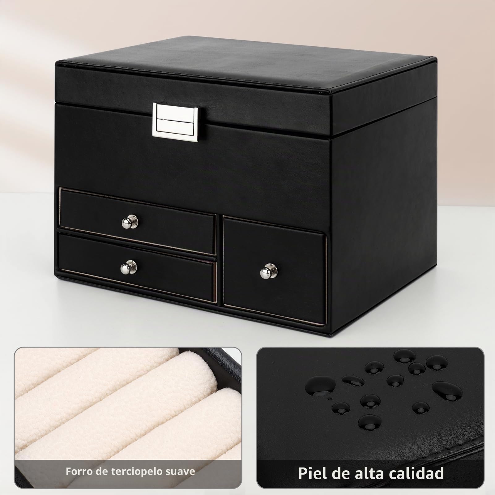 Caja Joyero de 3 Capas de PU, Joyeros Mujer Organizador Grande con Cajones, con Mini Caja Portátil para Viajar, Caja Organizador de Joyas para collares, pendientes, anillos, Negro