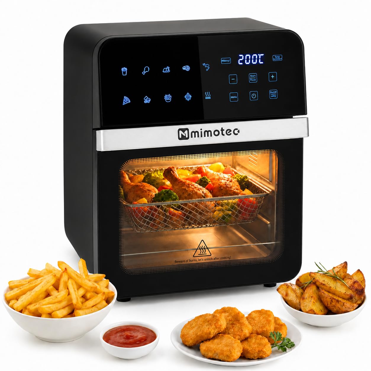 M mimotec – Air Fryer Vera Touch 10L, Freidora de Aire sin Aceite, 1800W, 10 Menús Digitales, Pantalla Táctil, Función Grill, Temporizador regulable, 2 niveles, Temperatura 80-200°C, Cocina Saludable