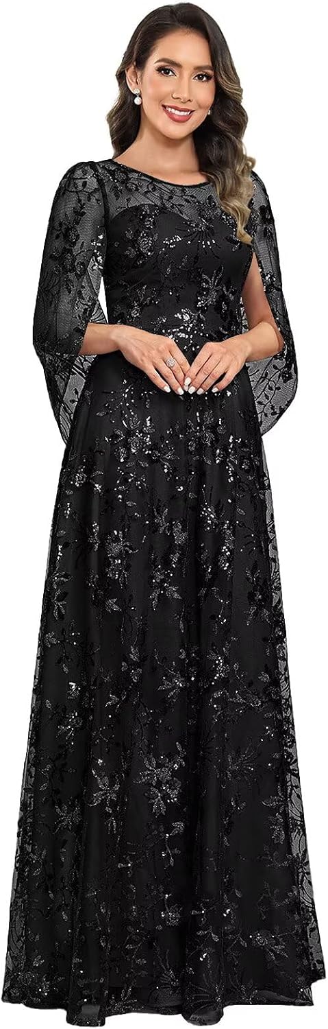Thinksea Sparkly Mother of Bride Dresses Lace Appliques Cape Sleeves Tulle Crew Neck A-Line Long Elegant Formal Dress