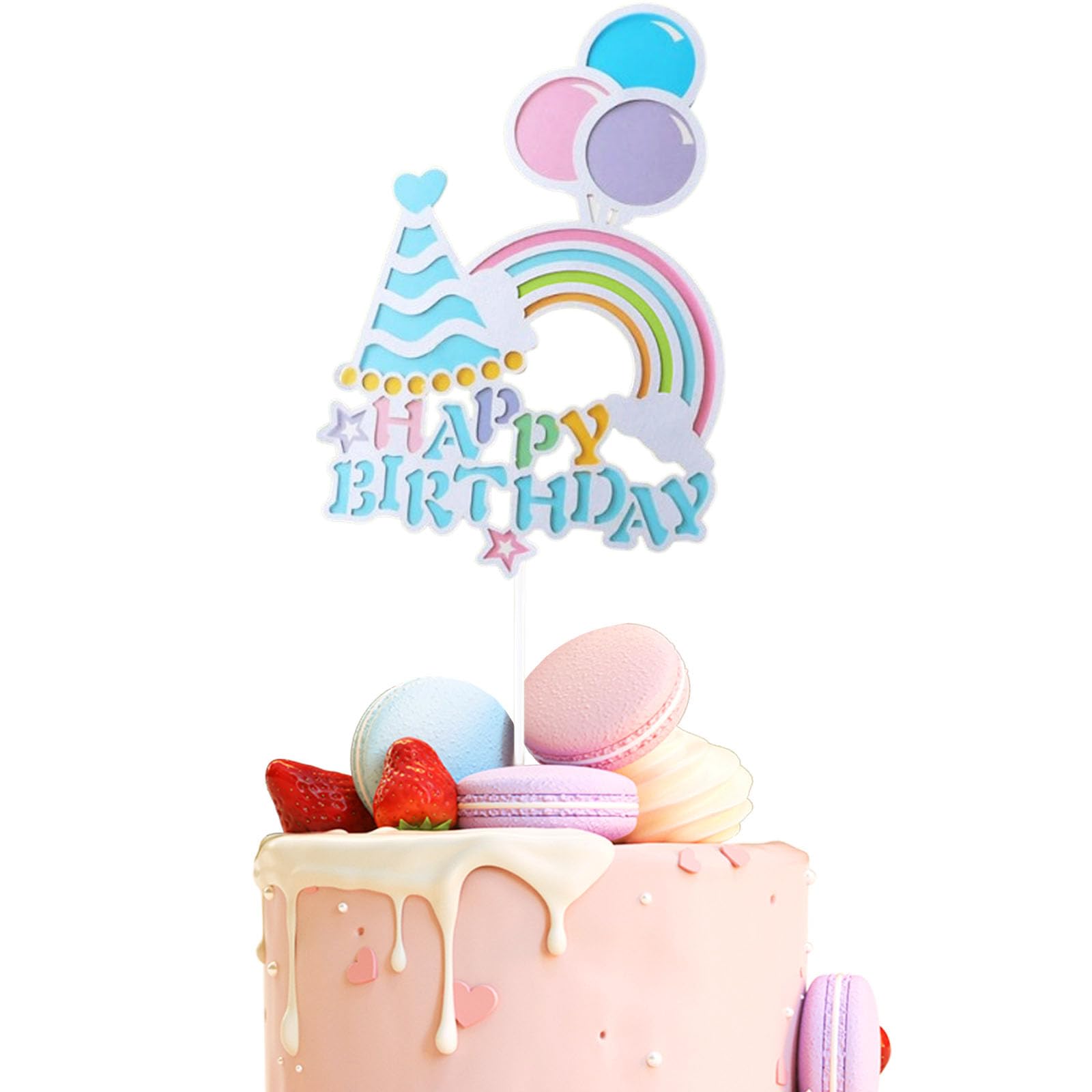 Rainbow Happy Birthday Cake Toppers – 5 Pcs Blue Birthday Hat Balloon Cake Decorations for Rainbows Theme Party, Birthdays Cake Decor Supplies