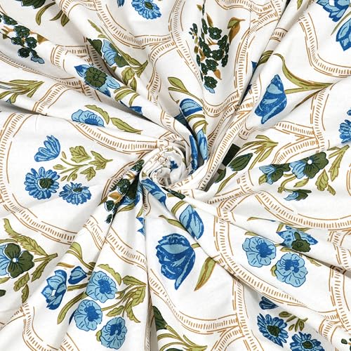 Image of BLOCKS OF INDIA Hand Block Printed 200 TC Cotton King Size Bedsheet (Blue Rose)