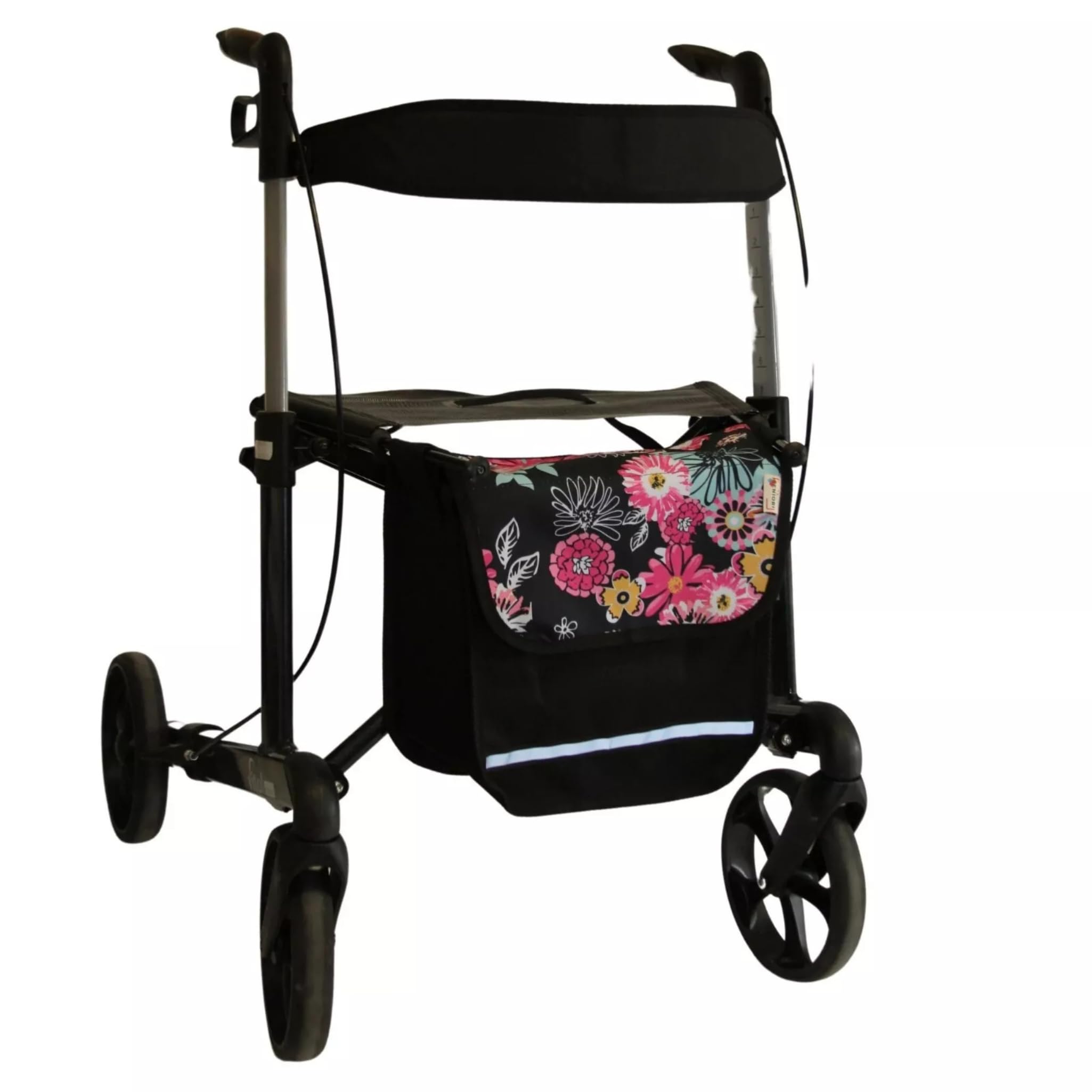 SENIORI Rollator- und Rollstuhltasche – Bequeme Befestigung & viel Stauraum – für Verschiedene Modelle – Mit Reflektor, Klettverschluss & stabiler Form (4. Blumen, V-Modell)