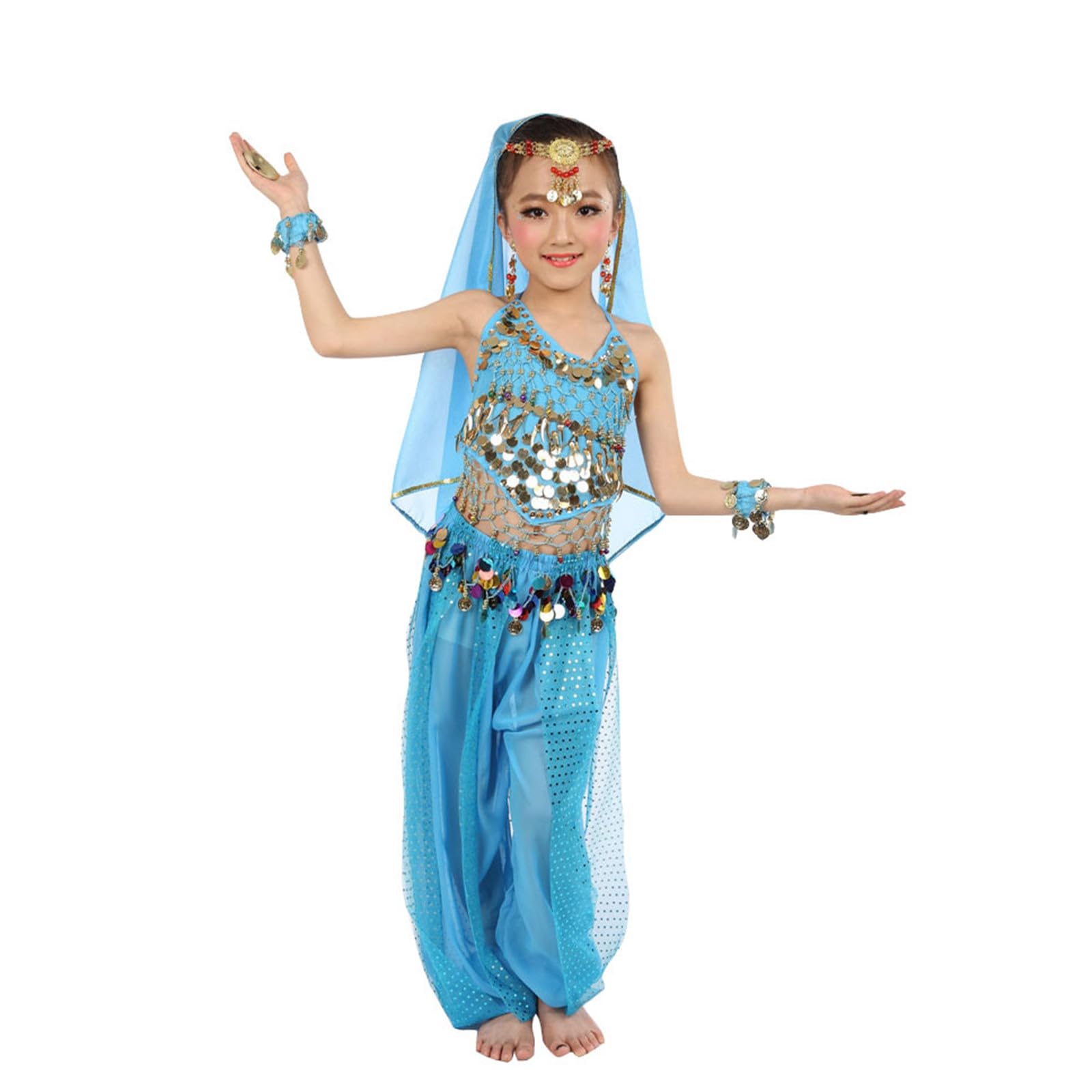 Dance Costume Kids Tops and Pants 2Pcs Kids Indian Belly Girls Costume Performance Outfits Sequin Skirt Arabian Costumes Bollywood Indian Dance Show Halloween Carnival Wear