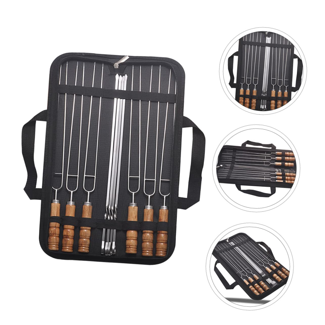 Brochetas para Barbacoa de Acero Inoxidable con Mango de Madera, Paquete de 10 Unidades con Bolsa de Almacenamiento para Fiestas al Aire Libre