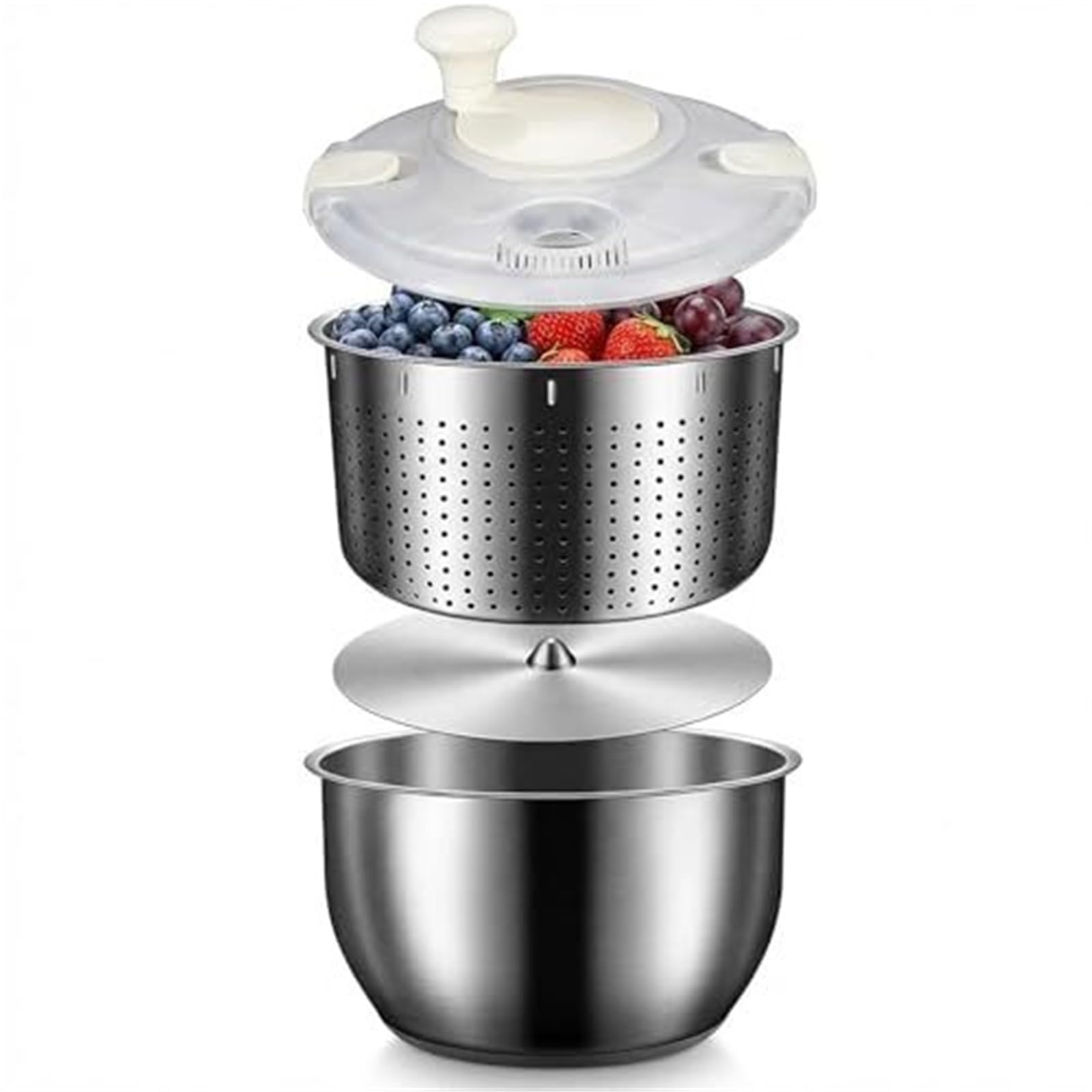 Centrifuga per insalata con ciotola e cestello in acciaio inox, resistente alla ruggine, per verdure e riso, lavabile in lavastoviglie per la preparazione dei pasti e la conservazione della cucina