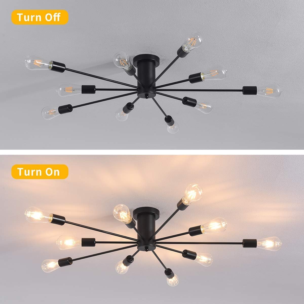 Garwarm Semi Flush Mount Ceiling Light, 10-Light Modern Black Sputnik Chandelier Industrial Ceiling Lamp for Kitchen Dining Room Living Room Bedroom Foyer Lighting Fixture