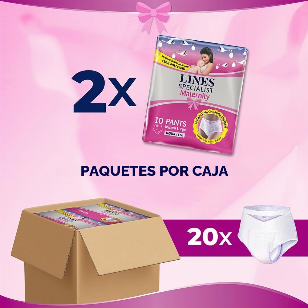 Lines Specialist Maternity - Braguitas absorbentes Lines Maternity Postparto con soporte del abdomen y absorción rápida para pérdidas postparto, talla L, paquete de 20 unidades