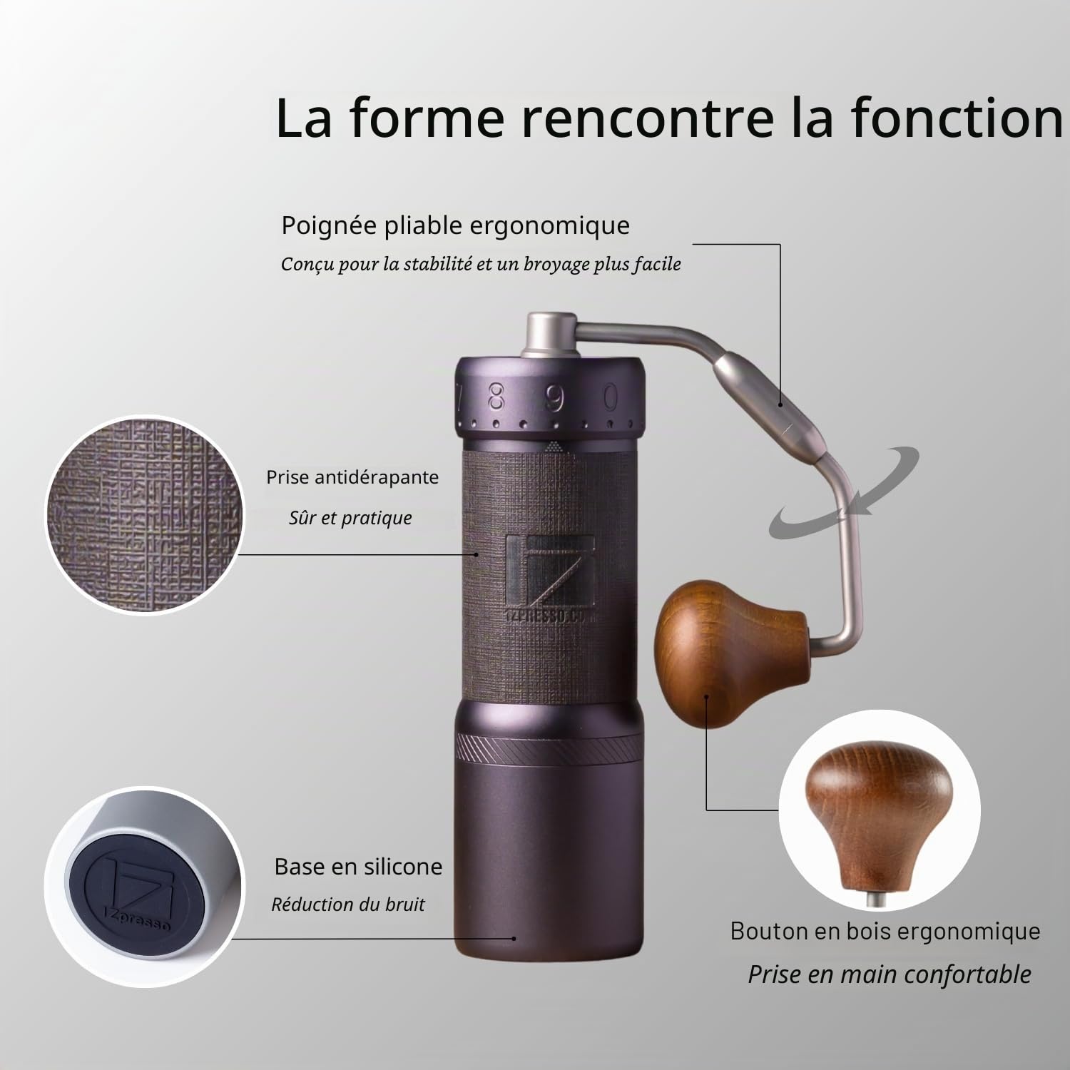 1Zpresso J-Ultra Moulin à café manuel gris fer, bavure conique, poignée pliable, capacité de tasse de capture magnétique de 40 g, réglage numérique réglable, efficacité de mouture plus rapide,