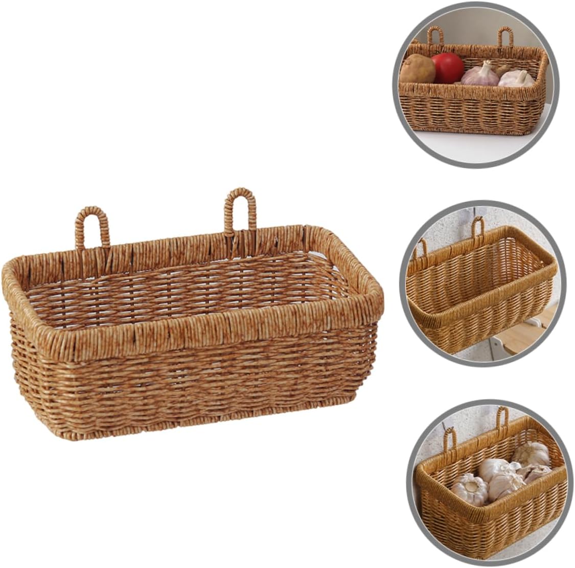 Woven Hanging Basket for Kitchen Wall Decor Rustic Rattan Storage Basket with Handle for Ginger Garlic Small Wall Mounted Organizer for Farmhouse Style Baskets