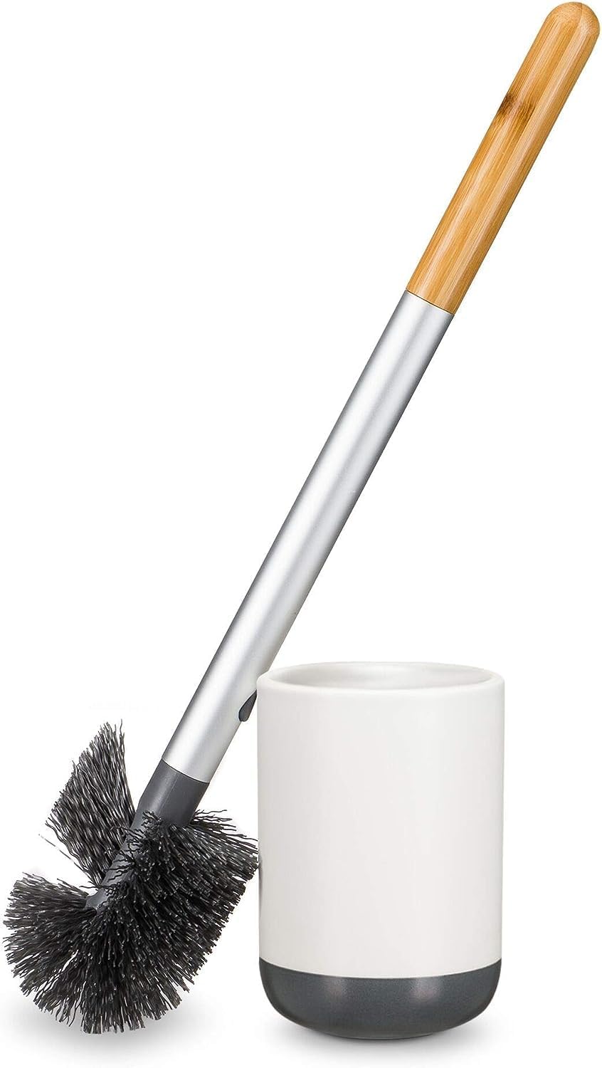 Full Circle Scrub Queen – Bathroom Toilet Brush with White Ceramic Holder – Toilet Cleaning Scrubber with Long Handle and Replaceable Head
