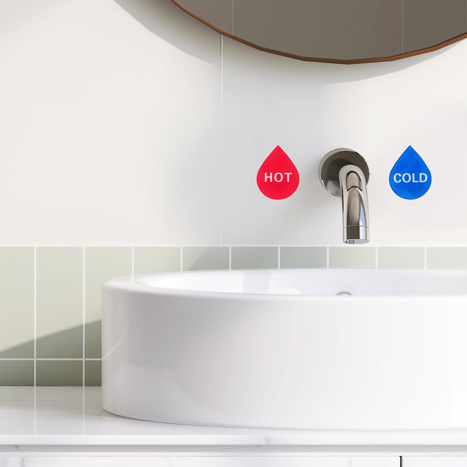 YOKIVE 8 Pcs Hot Cold Water Sticker Label, Sticker Sign Acrylic Great for Faucets Sinks Kitchen (Blue Red White, Drop Shape, 1.7" x 1.4" x 2")