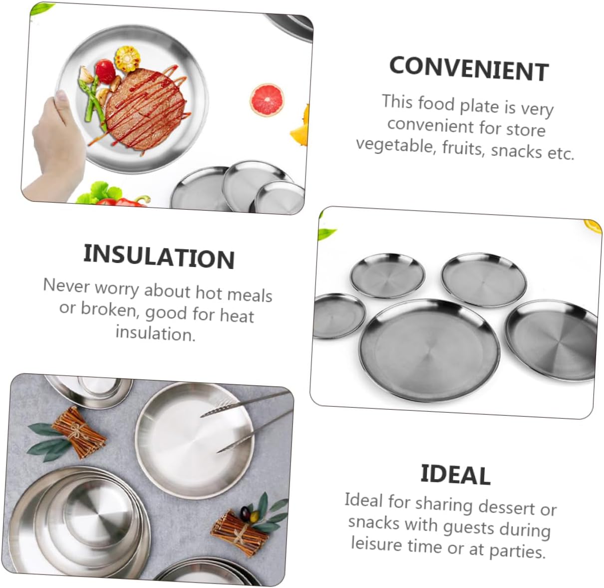 5Pcs Stainless Steel Plate Multi Purpose Dinner Plates Unbreakable and Heat Insulation for Fruits Snacks Parties Outdoor Picnics and More