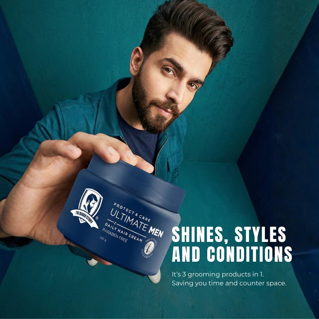 The Beard Story Hair Cream for Men | Daily Use | Non-Sticky | UV Protection | Frizzy & Dry Hair | Soft, Manageable Hair | Sulphate-Free | Contains Vitamin B5 & E | Matte Finish | 100 gm