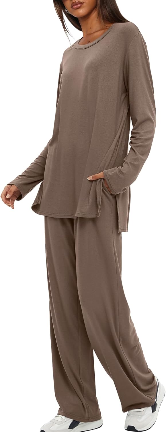 Darong Women's 2 Piece Lounge Set Casual Long Sleeve Crew Neck Tops Wide Leg Pants Travel Airport Outfit Matching Sets - Image 3