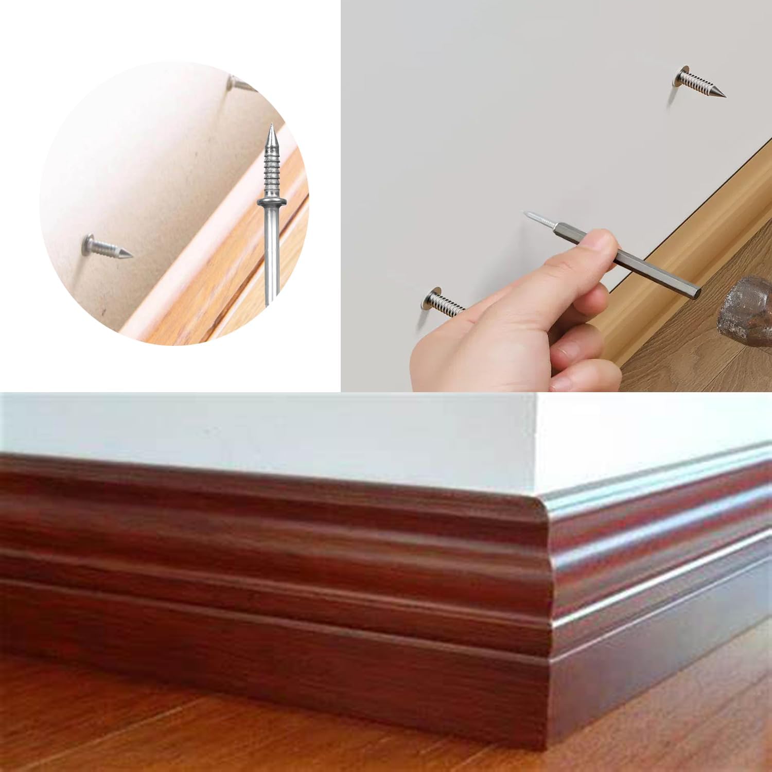 200pcs Double-Head Skirting Thread Seamless Nails with BONUS 2pcs Sleeve Tools, Double Headed Nails Non Marking Double Sided Nails, Invisible Security Screws for Wood Baseboards Double-Headed Nails.