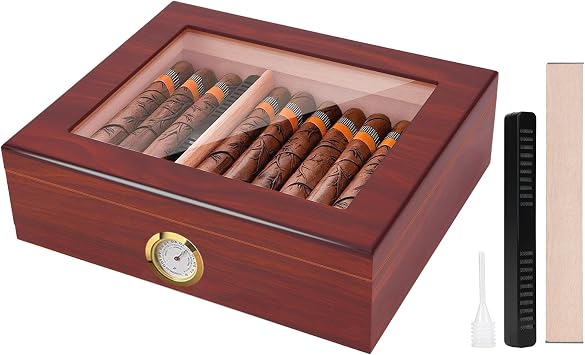 Cigar Humidor Desktop Cigar Box for 20-30 Cigars with Humidifier, Hygrometer, Removable Divider, Clear Glass Top Display Cigar Storage Case for Men, Home & Office