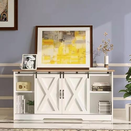 4 Ever Winner Farmhouse Coffee Bar Cabinet, 60 Inch White Sideboard Buffet Cabinet With Sliding Barn Door, Adjustable Shelves, Buffet Cabinet With Storage For Kitchen Living Dining Room #TOP5