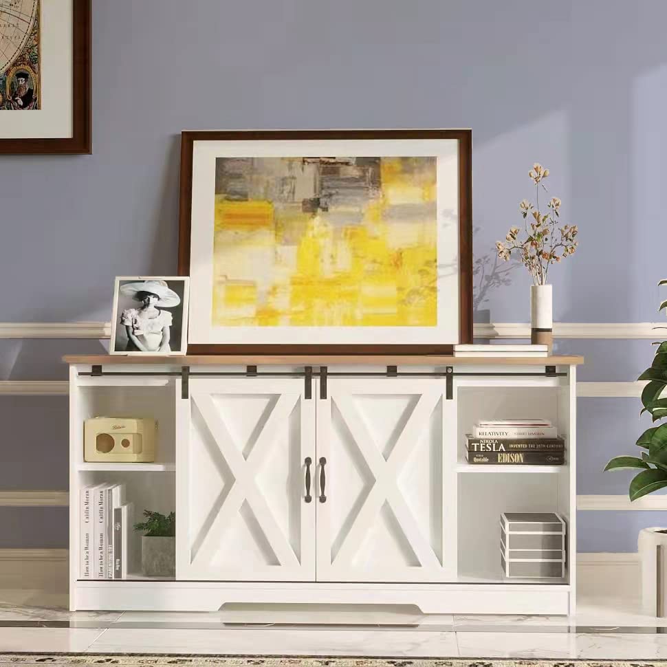 Farmhouse Coffee Bar with Storage, White Sideboard Farmhouse Buffet with 60 Inch