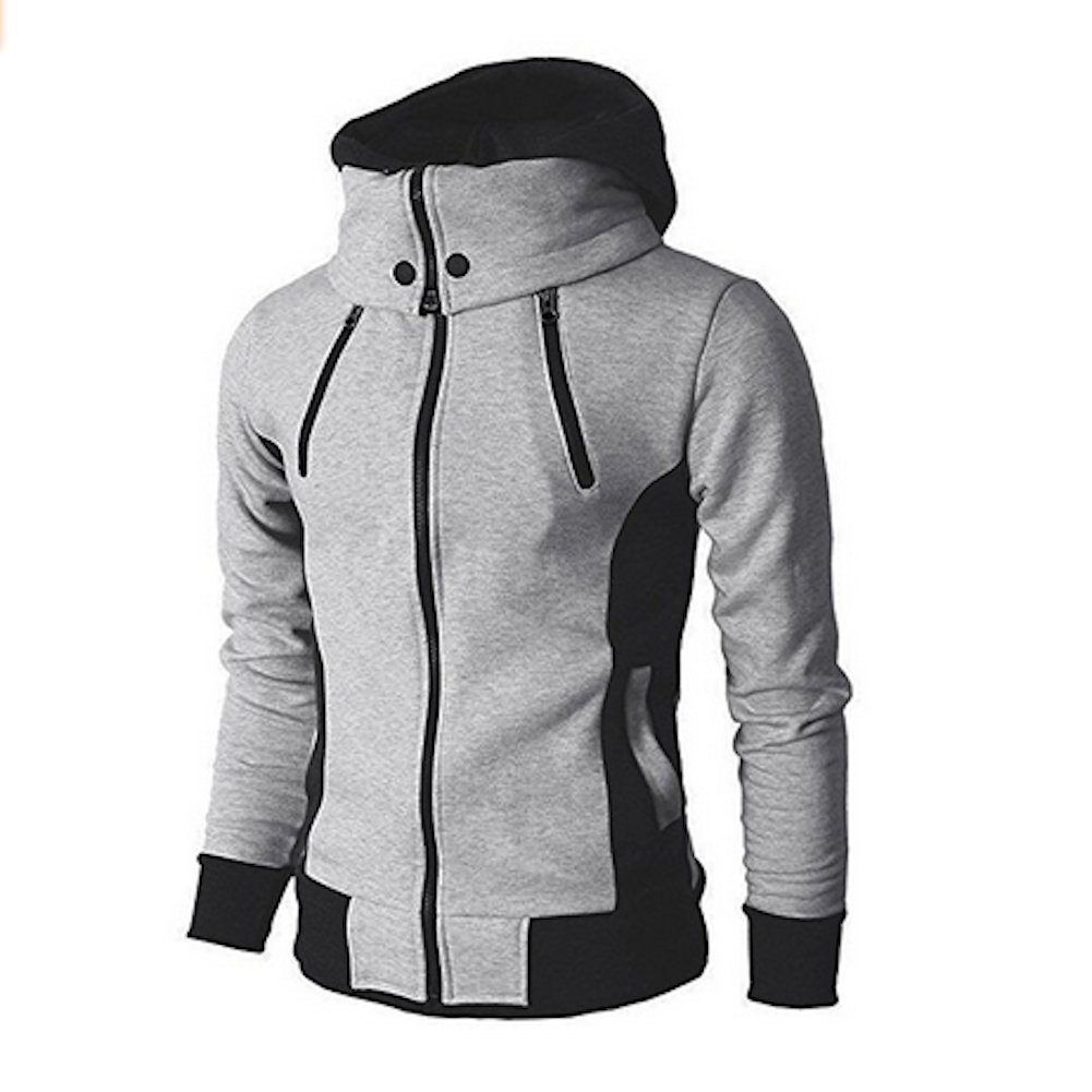 Santorini Island Men's Double Zipper Hooded Jacket Turtleneck Fleece Hoodie Coat (Large, Dark Grey)