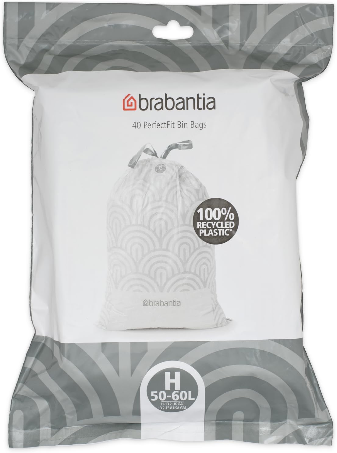 Brabantia PerfectFit Bin Liners (Size H/50-60 Litre) Thick Plastic Trash Bags with Tie Tape Drawstring Handles (40 Bags)