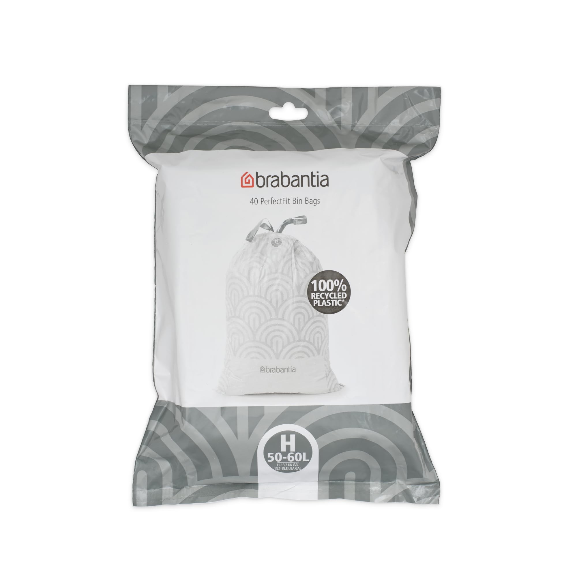 Brabantia PerfectFit Bin Liners (Size H/50-60 Litre) Thick Plastic Trash Bags with Tie Tape Drawstring Handles (40 Bags)