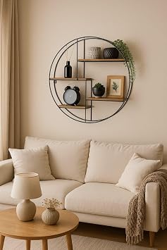 Round Multi-Section Shelf, Round Wall Shelf Unit, 4-Tier Display Storage, Circular Wall-Mounted shelf with Metal Frame and Wooden Boards, Metal Wire Wall shelf, Decorative Floating shelf.