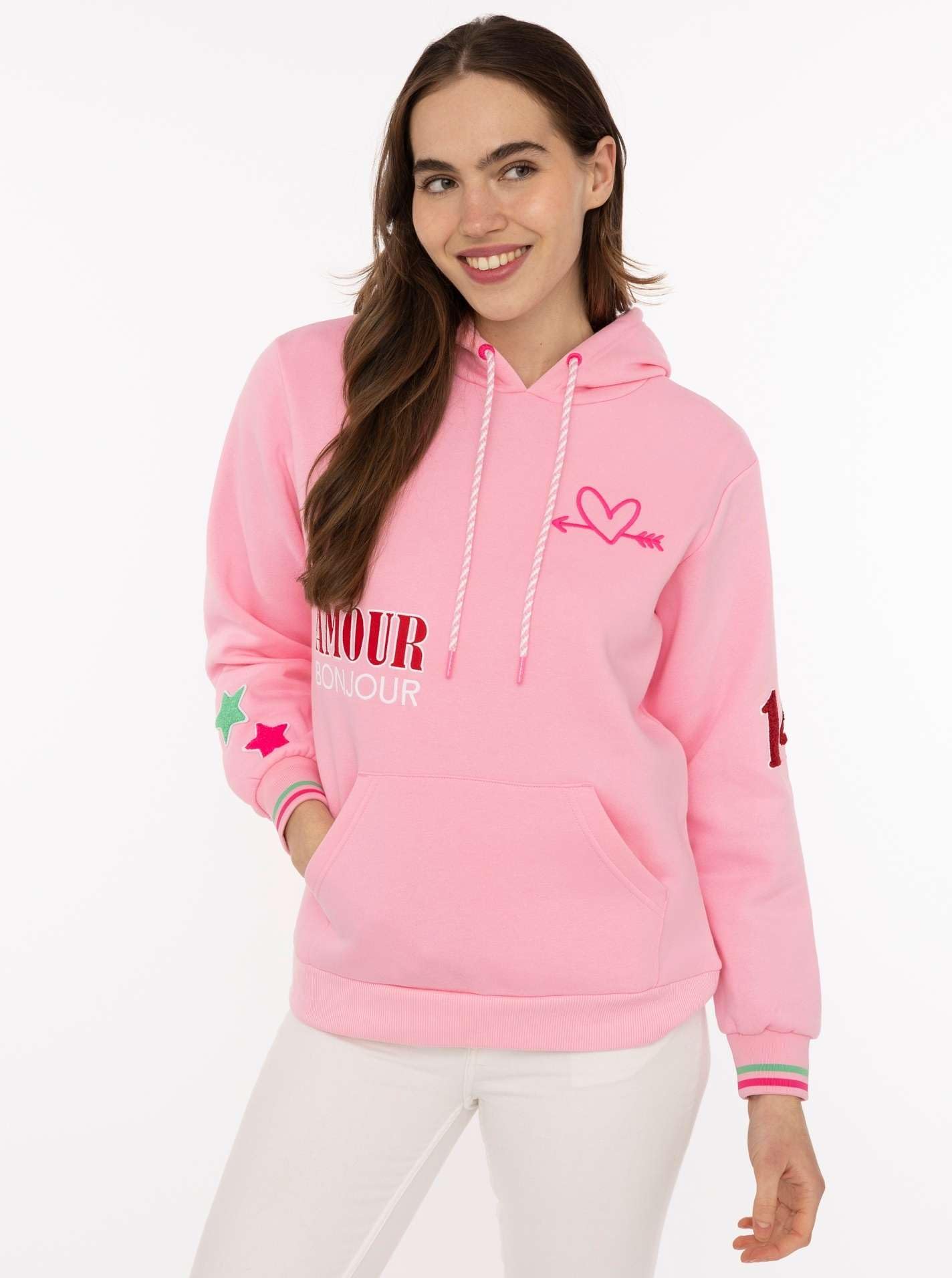 Damen Hoodie mit Kapuze – Kuscheliger Oversize Kapuzenpullover – Weicher Sweatshirt Pullover mit Aufdruck Herzen & Sterne – Stylischer Look für Frühling, Herbst & Winter – Loungewear Mode