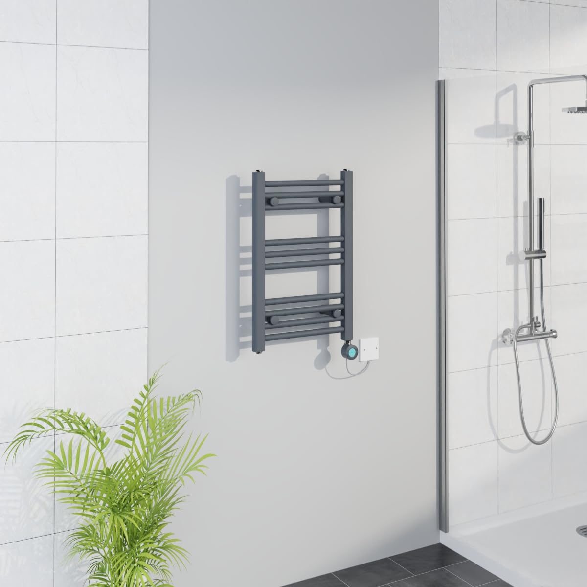 Warmehaus Anthracite Smart Wifi Thermostatic Electric Bathroom Straight Heated Towel Rail Warmer Radiator With Timer 600X400mm
