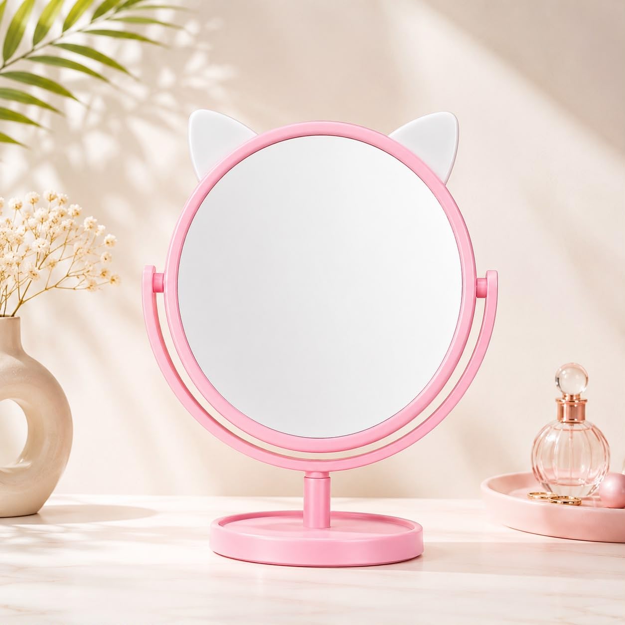 Cute Pink Cat Ear Dressing Table Mirror | Rotating Desktop Cosmetic Mirror with Stand | Stylish Vanity Mirror for Home & Office.-picture-21
