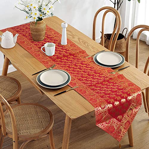 Indian Handmade Banarasi Silk Table Clothes Matte, Animal Print Silk Table Cloth, Elephant Style Silk Table Runner, United Craft Art Silk Dining Table Runner 14X80 Inch (Red) #TOP2