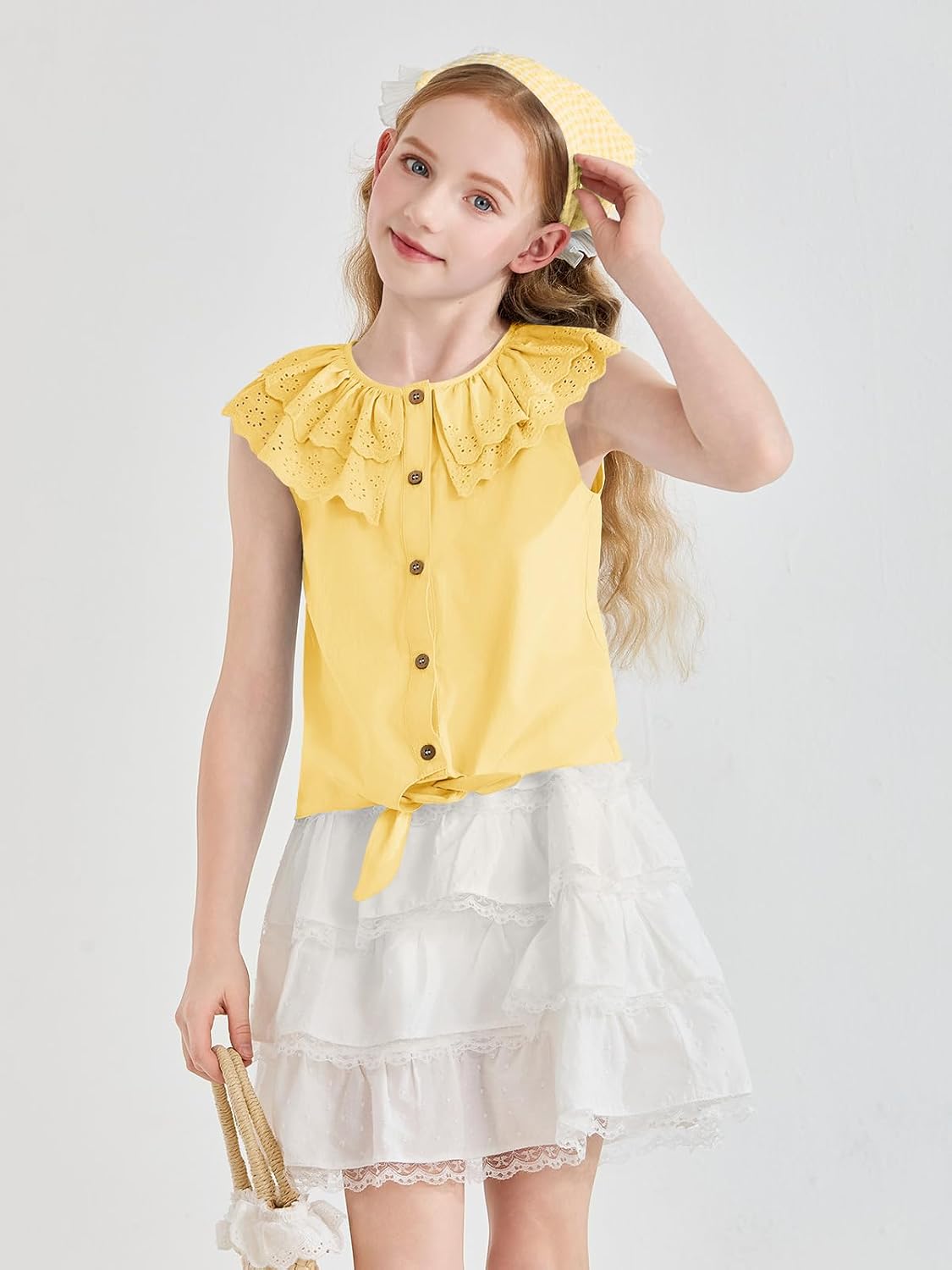 Haloumoning Girls Sleeveless Button Down Shirts Kids Cute Ruffle Doll Collar Blouse Tie Front Tops 5-14Y
