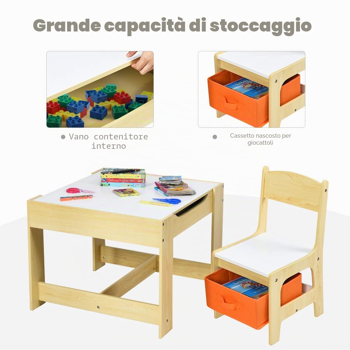 GIANTEX 3 in 1 Tavolo e Sedie per Bambini, Set Mobili di 3 Pezzi Camera, Tavolino Bianco e Nero da Gioco, Multiuso, Cosigliata Età 3-7 Anni, in Legno