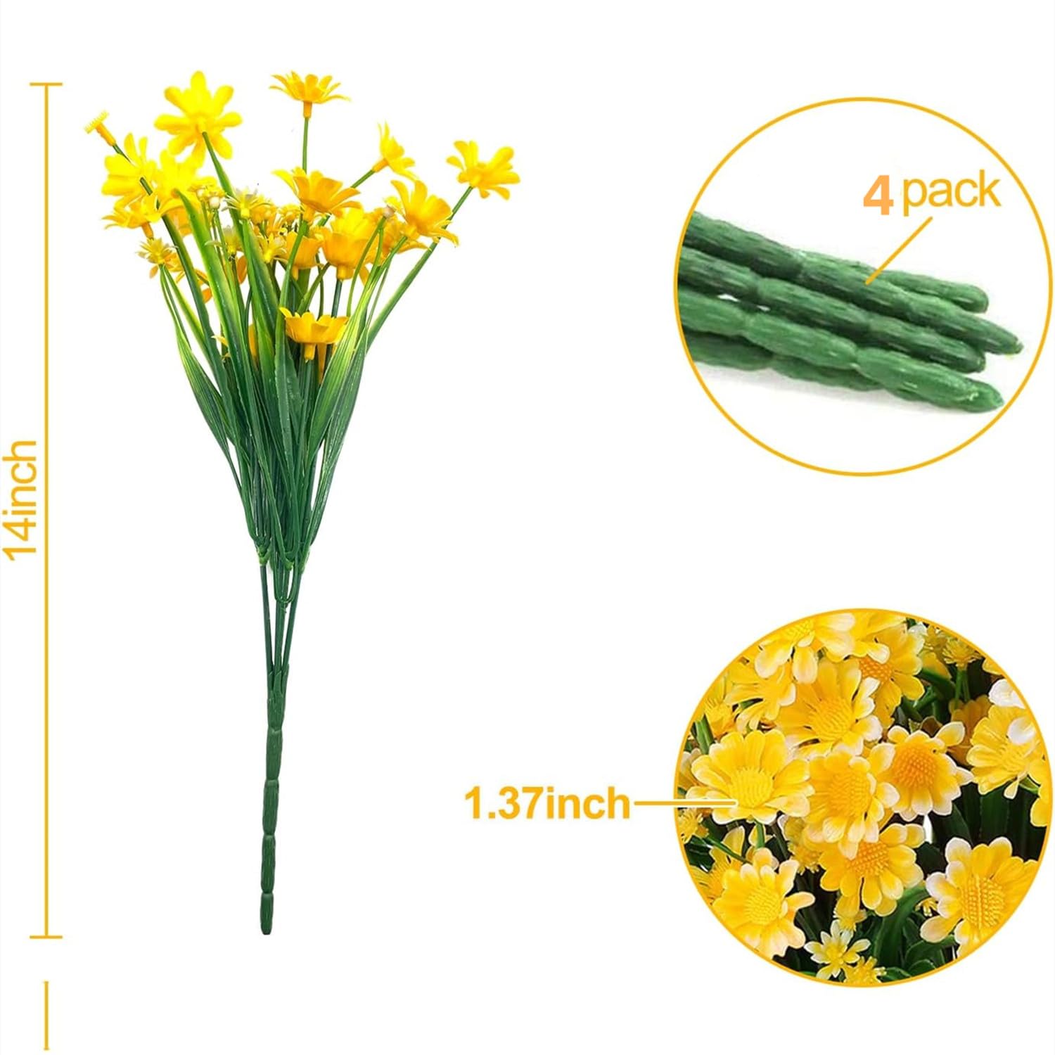 4PCS Artificial Daisy Flowers Outdoor Spring Summer Decoration UV Resistant Fake Flowers Faux Plastic Greenery Shrub Plant Indoor Outside Hanging Garden Home Porch Wedding Party Decor (Yellow) - Image 4