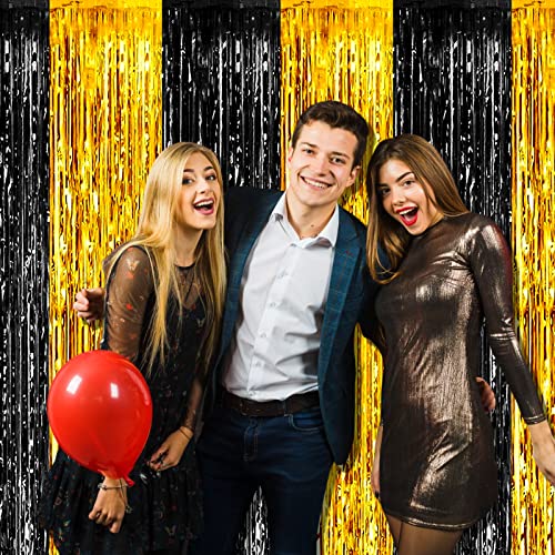 Image of 4 Pack Black Gold Foil Fringe Curtain Backdrop, 3.28Ft x 8.2Ft Metallic Tinsel Foil Fringe Streamers Curtains for Photo Booth, Wedding, Graduation, Birthday, Carnival Party Decoration