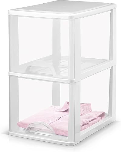 Organizador de almacenamiento de plástico pequeño con 2 cajones, delgado, estrecho, blancotransparente para cajones de manualidades (13 pulgadas de