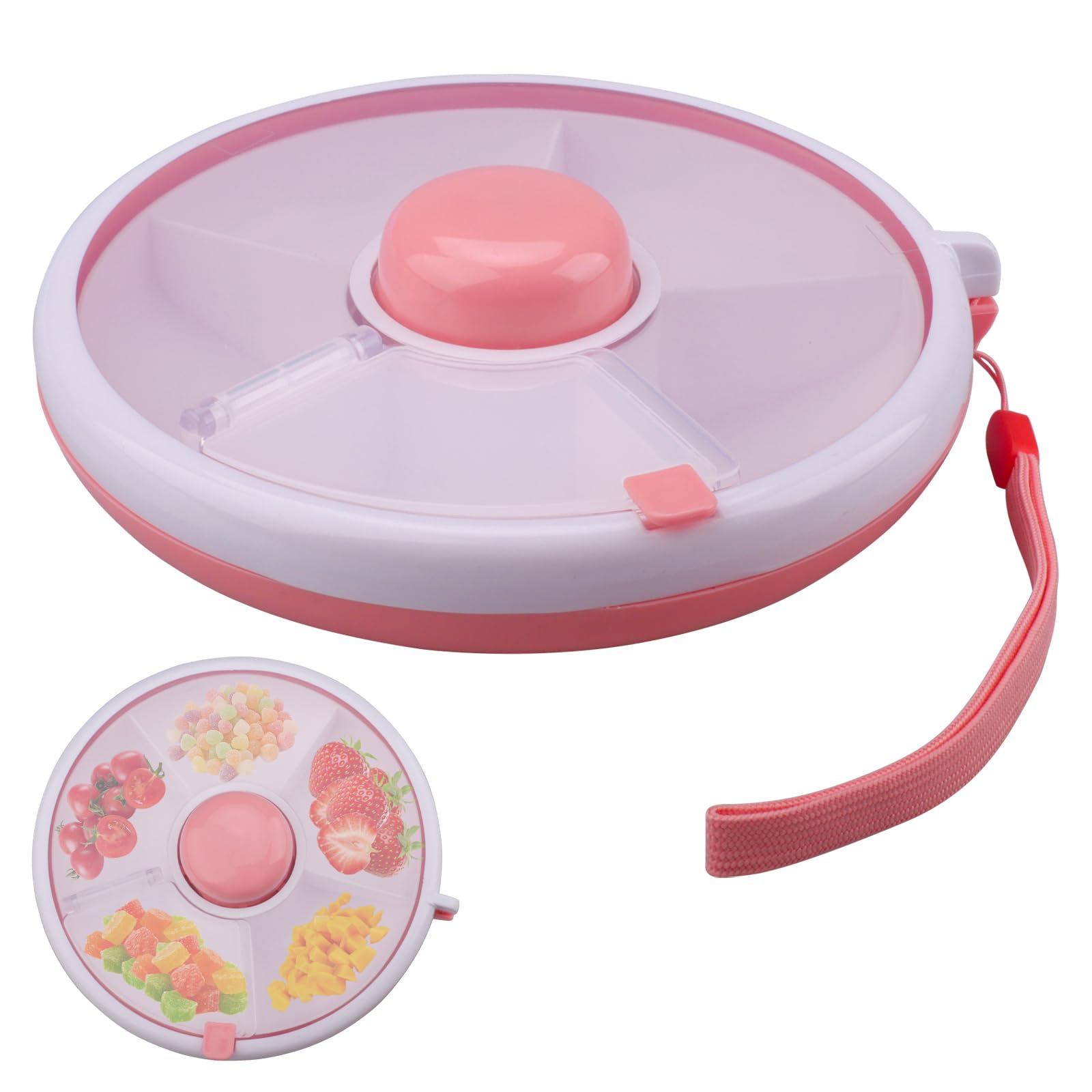 Spinner Spinner Snack Organizer na przekąski z przegródkami, obracany, tylko suchy, idealny na cukierki, orzechy, piknik na spotkania rodzinne (różowy)