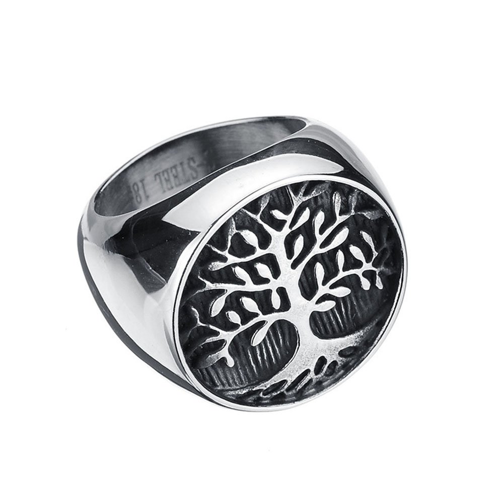 JAJAFOOKJAJA Mens 316L Stainless Steel Ring, Classic Gothic Tree of Life, Black Silver