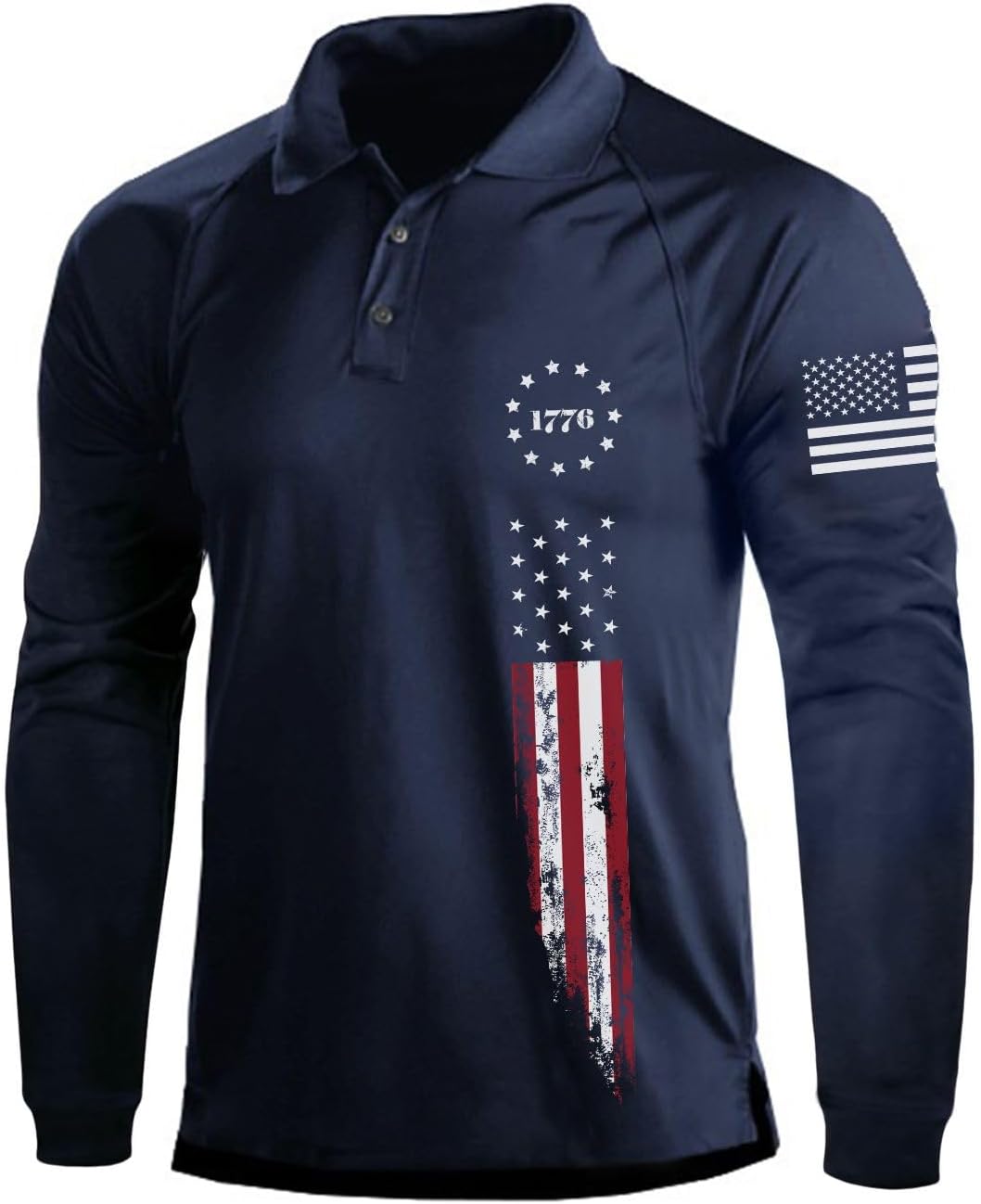 H HYFOL Long Sleeve Polo Shirts for Men Graphic Stretch Casual American Patriotic Raglan Golf Polos for Men