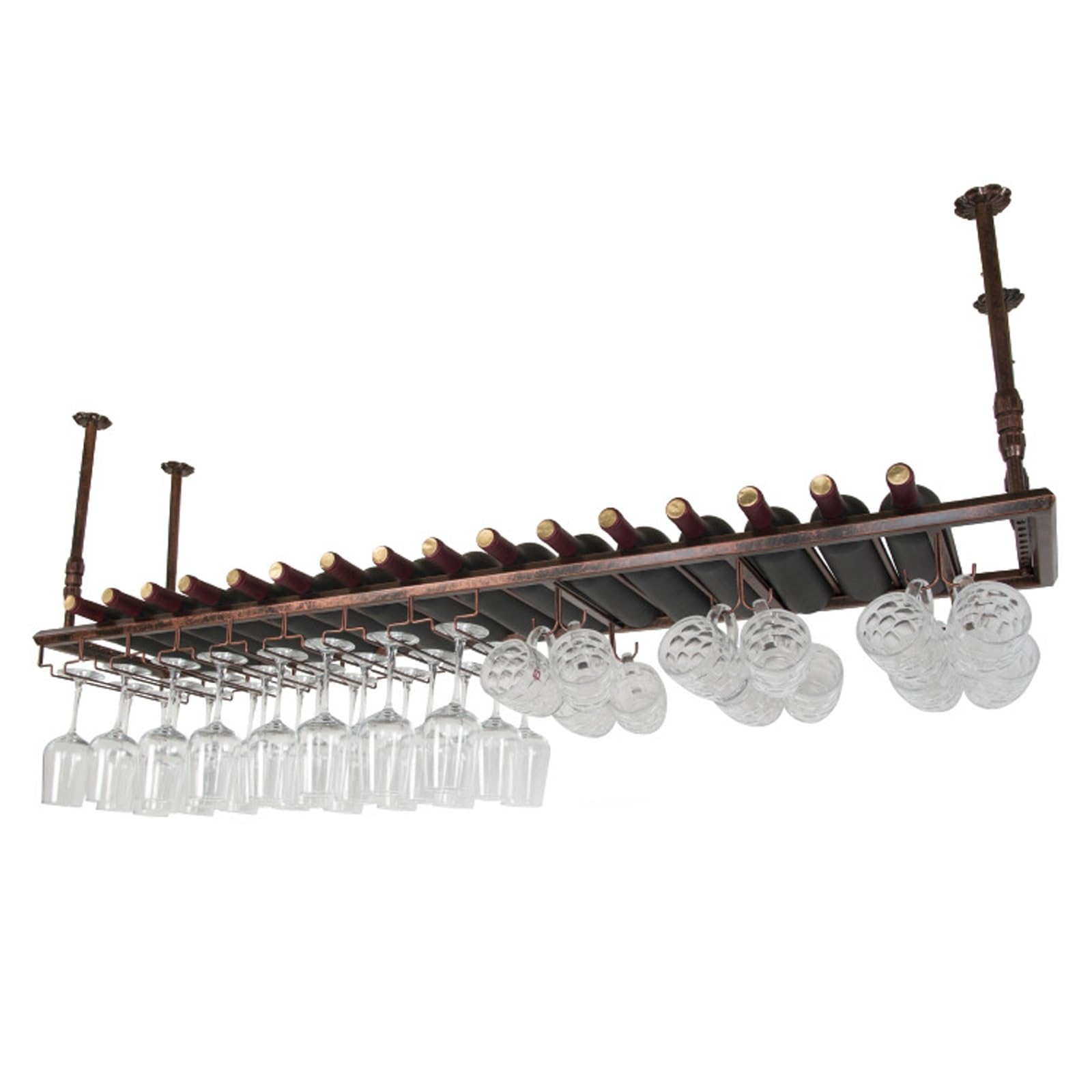 Casier à vin suspendu métal bronze hauteur réglable avec support verre