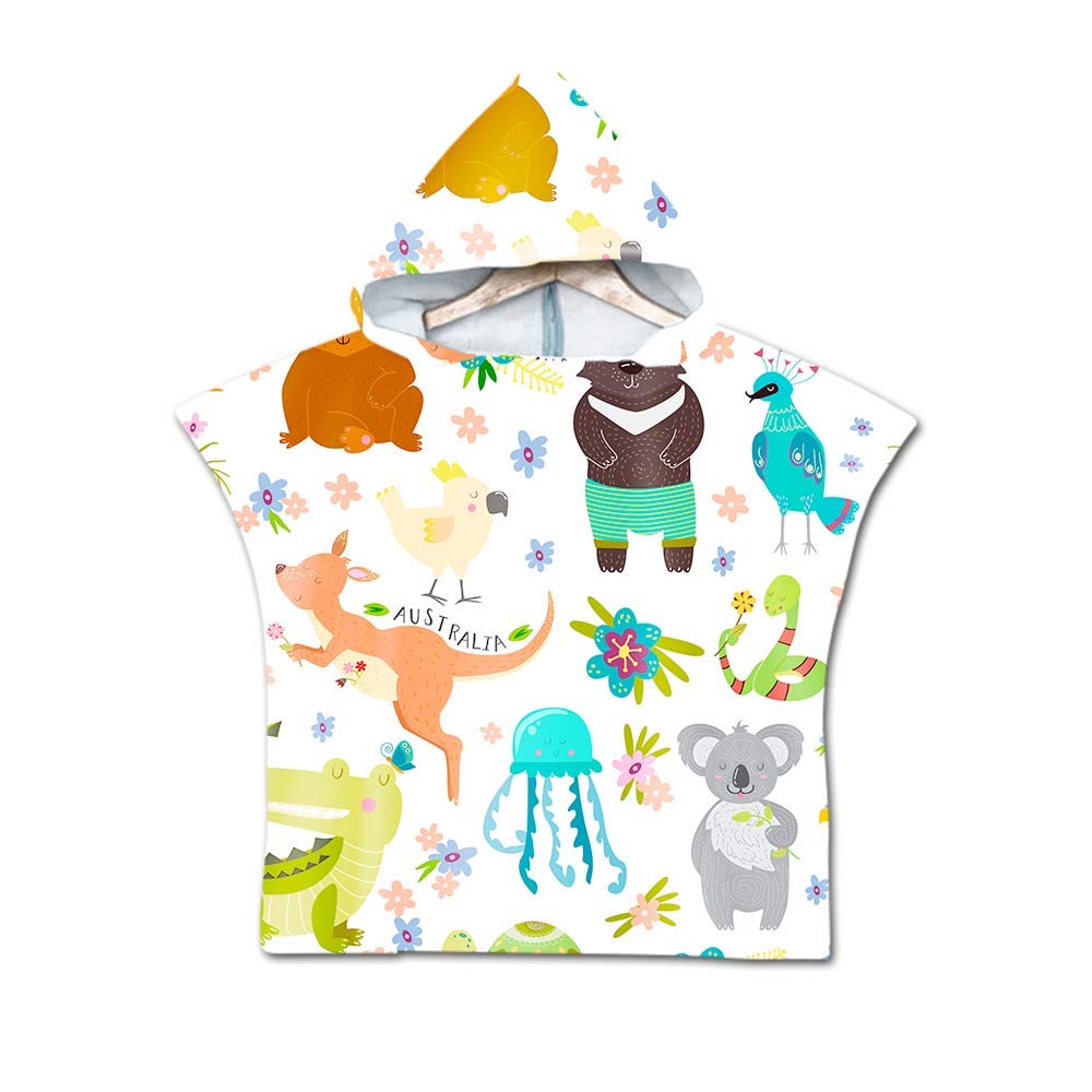 Chickwin Boys Australian Animals Hooded Poncho Towel Kids Baby Luxury Bathrobe Print Light Weight Microfiber, Beach Towel Childs Girls Robe Hooded Swimming Bath Towel Surf Wetsuit Changing (60*80Cm,)